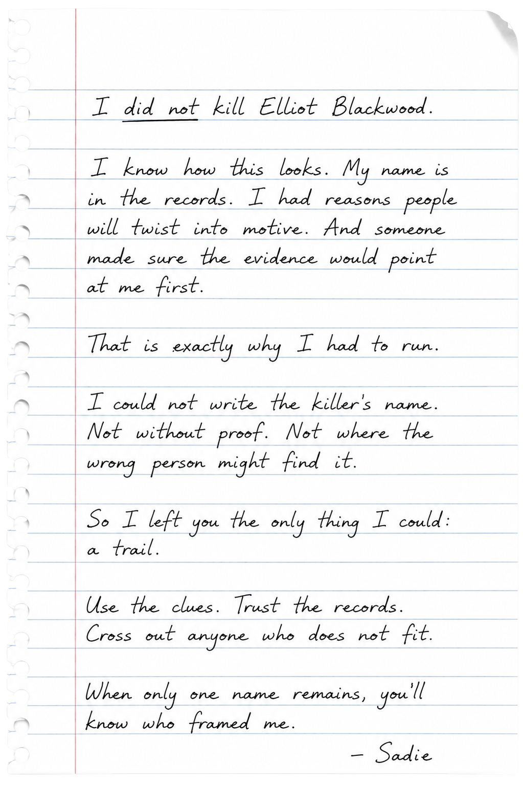 Handwritten note from Sadie: I did not kill Elliot Blackwood.